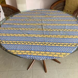 Blue and Yellow Striped Tablecloth size 60” dia
